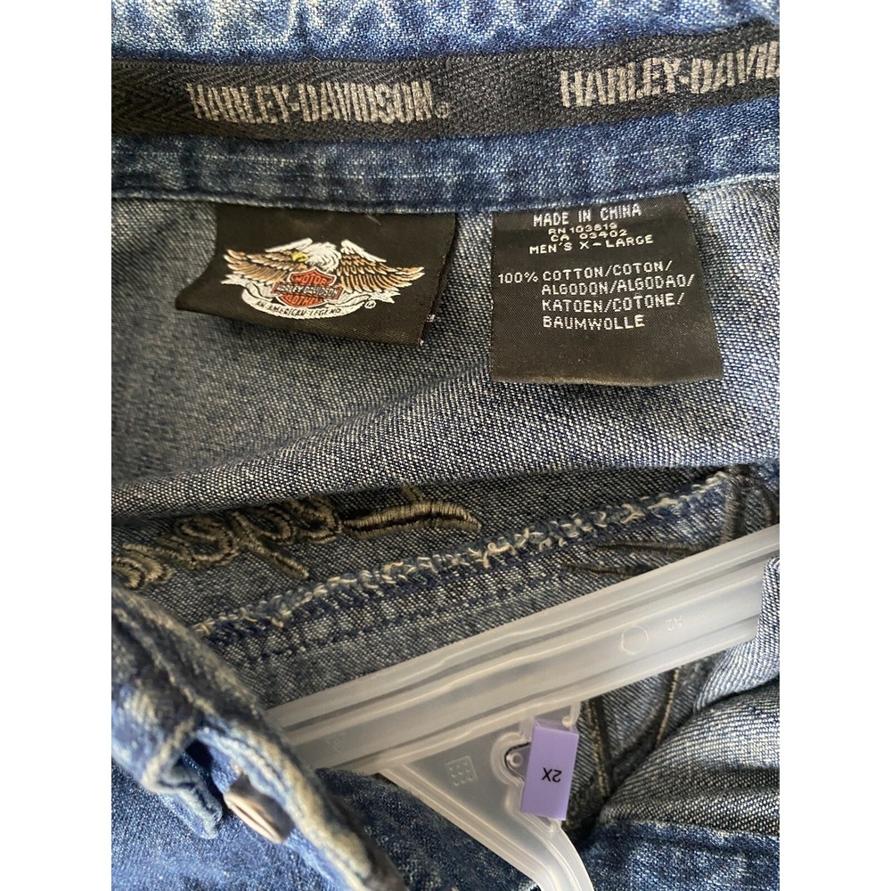 Harley Davidson Men's Denim Vest Biker Embroidered Eagle Sleeveless Blue Size XL - Picture 2 of 4
